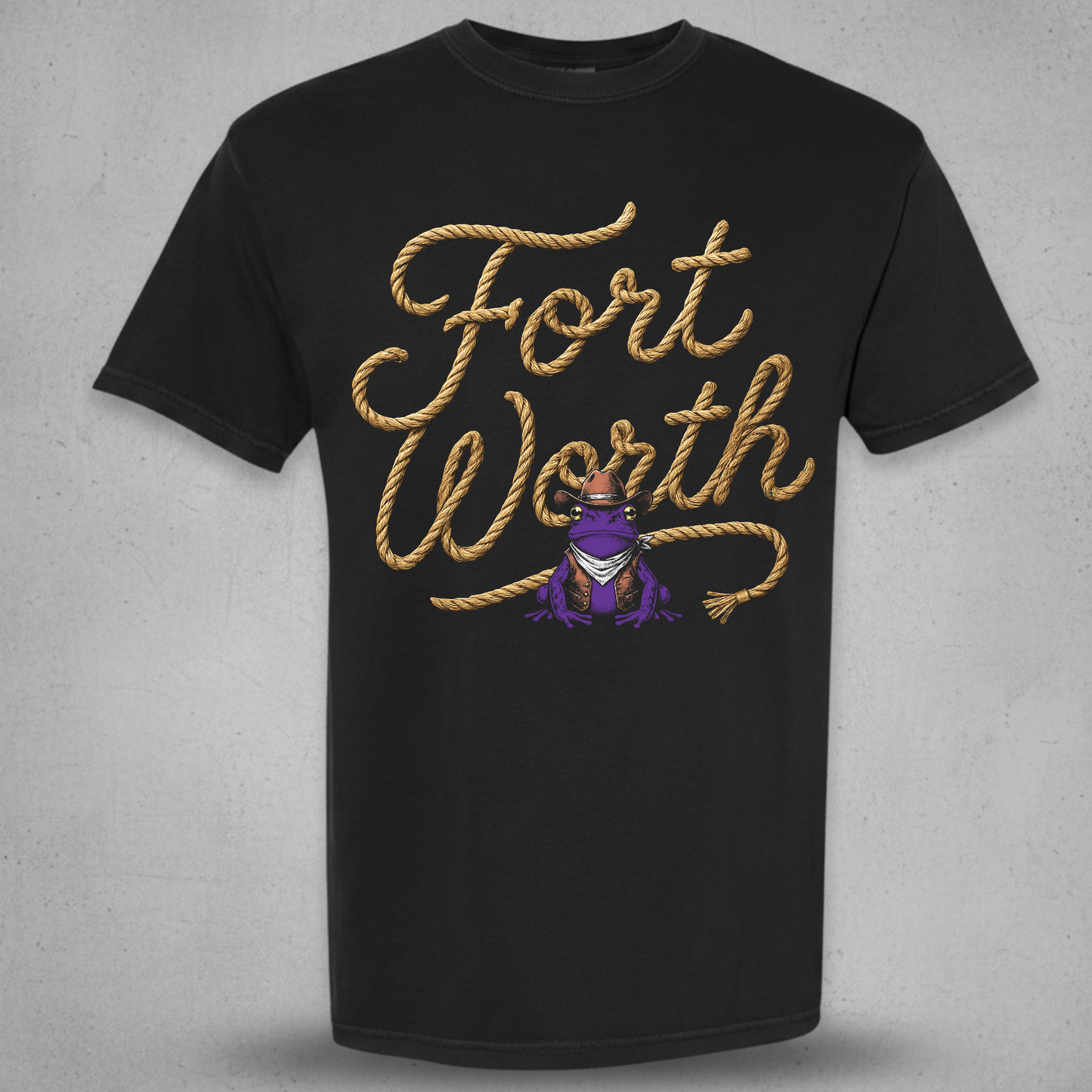 Black shirt with a design of Fort Worth in rope style featuring a TCU purple frog