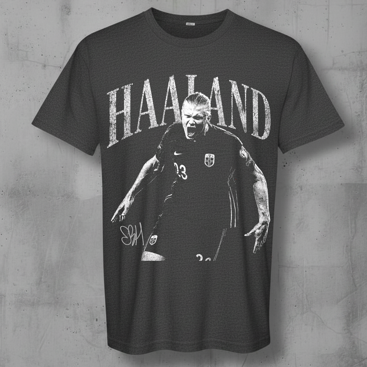 A dark gray graphic t-shirt featuring a black and white print of footballer Sven Haaland with the name 'HAALAND' printed above him, displayed against a textured gray concrete wall.