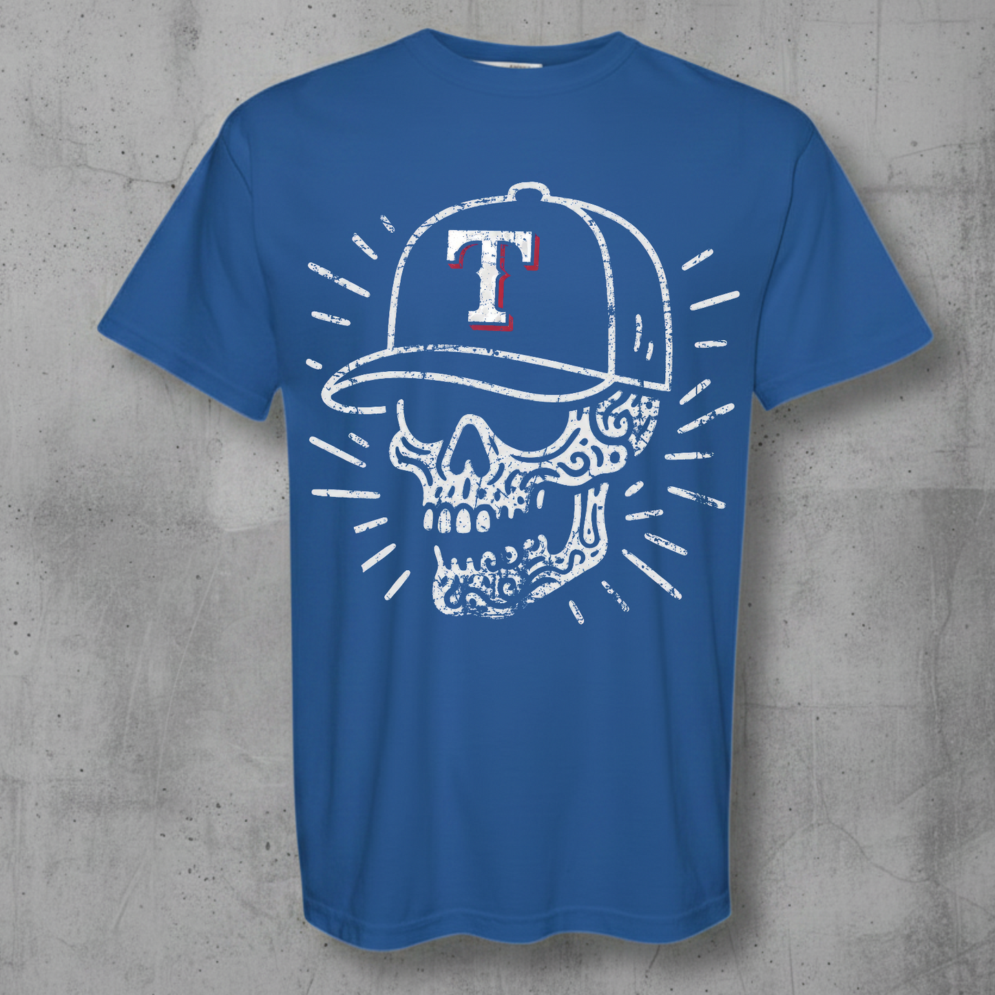 Skull design with a texas rangers hat on a royal blue shirt