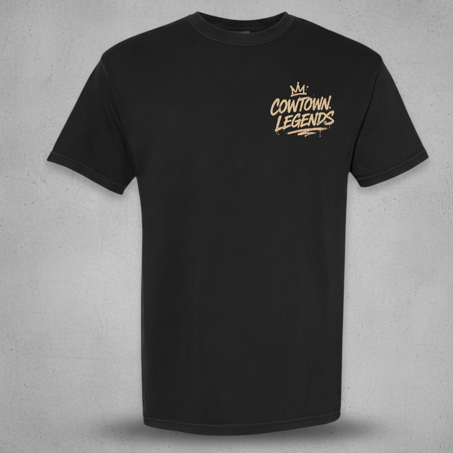 A black short-sleeve crewneck t-shirt with a gold 'Contown Legends' graphic printed on the left chest, displayed against a textured gray background.