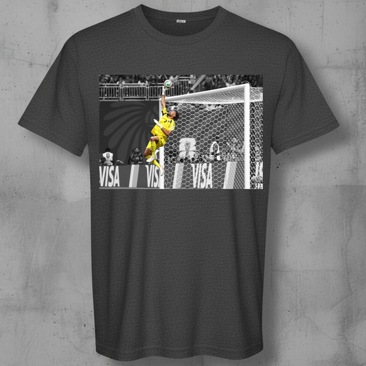 A dark gray short-sleeve t-shirt with a graphic print of a goalkeeper  Vozinha in yellow jumping into a goal 