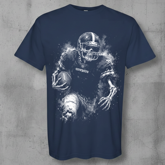 navy  blue t-shirt with a ghost Dallas cowboy player 