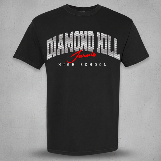 black t-shirt with Diamond Hill design with diamonds inside the design 