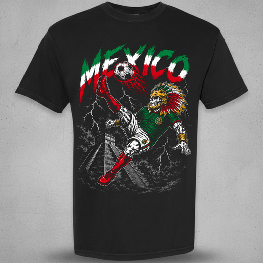 El Azteca Mexico soccer player design on a black t-shirt , inspired by warren lotas