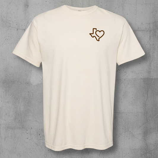 comfort color ivory t-shirt with texas heart design 