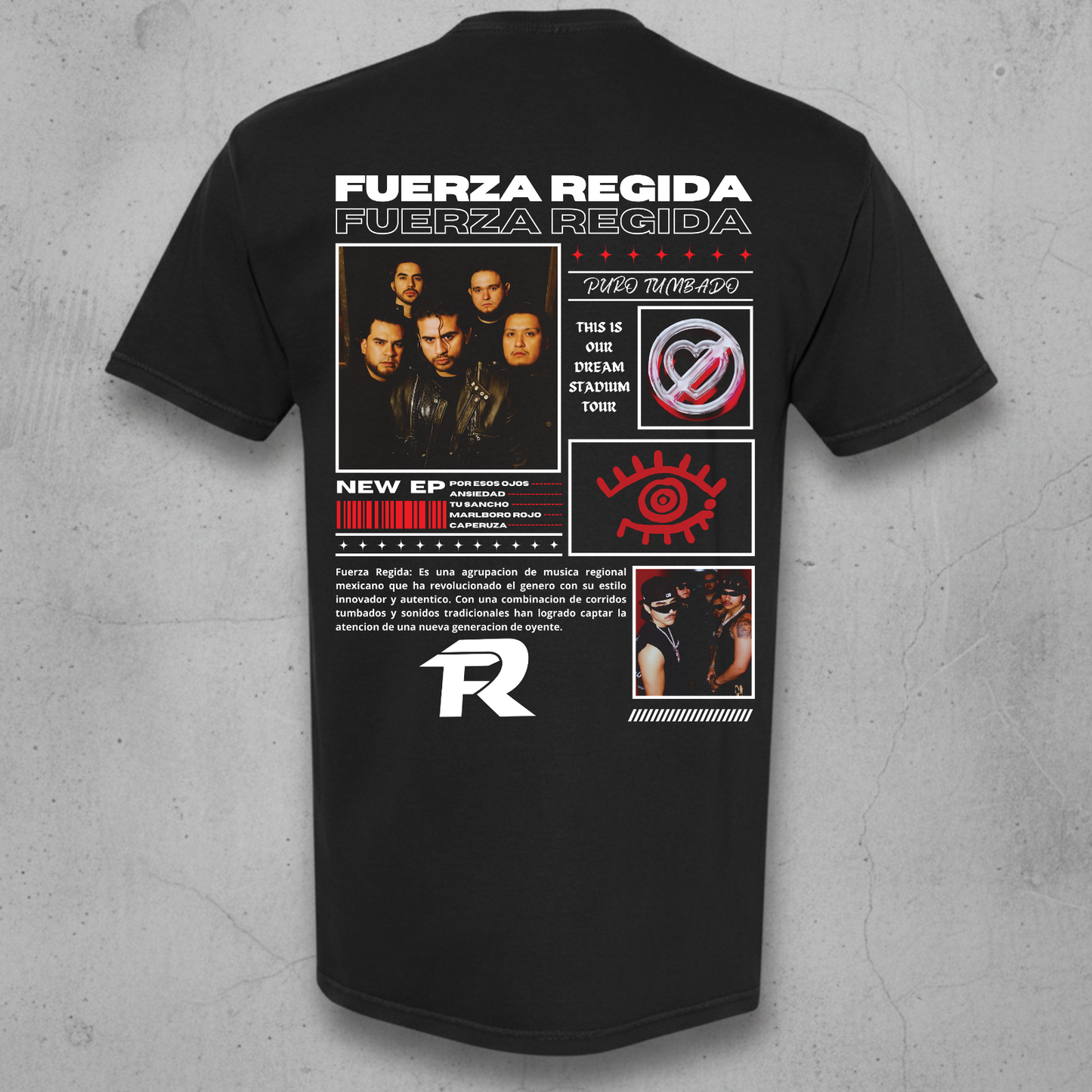 A black short-sleeve graphic T-shirt shown from the back, featuring multiple printed design elements including the text 'FUERZA REGIDA', a band photo, red and white graphic boxes, and a large stylized 'R' logo, displayed against a textured gray background.