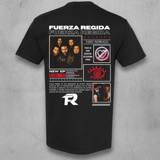 A black short-sleeve graphic T-shirt shown from the back, featuring multiple printed design elements including the text 'FUERZA REGIDA', a band photo, red and white graphic boxes, and a large stylized 'R' logo, displayed against a textured gray background.