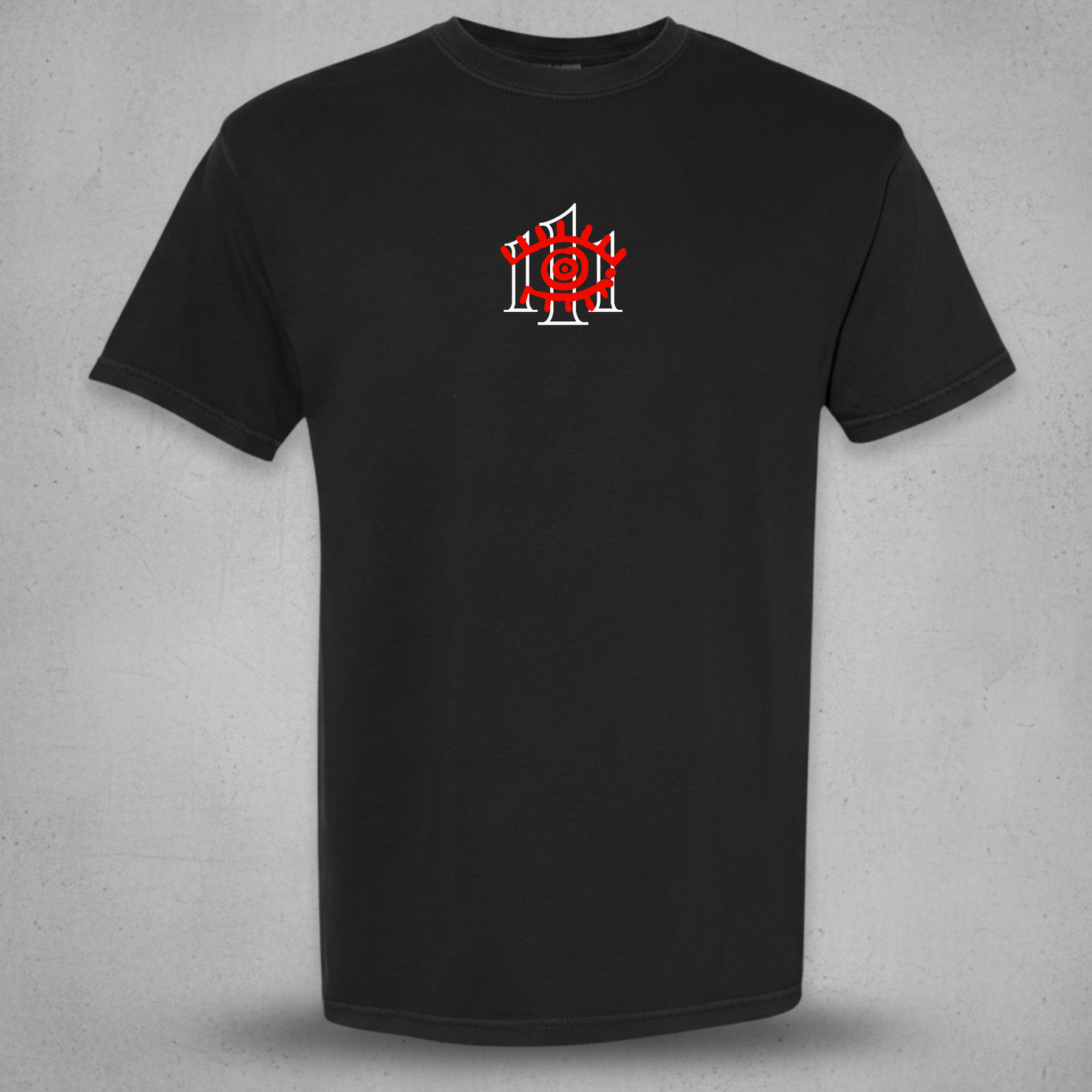 A black short-sleeve crewneck t-shirt with a stylized red and white graphic logo on the center chest, displayed against a textured gray background.