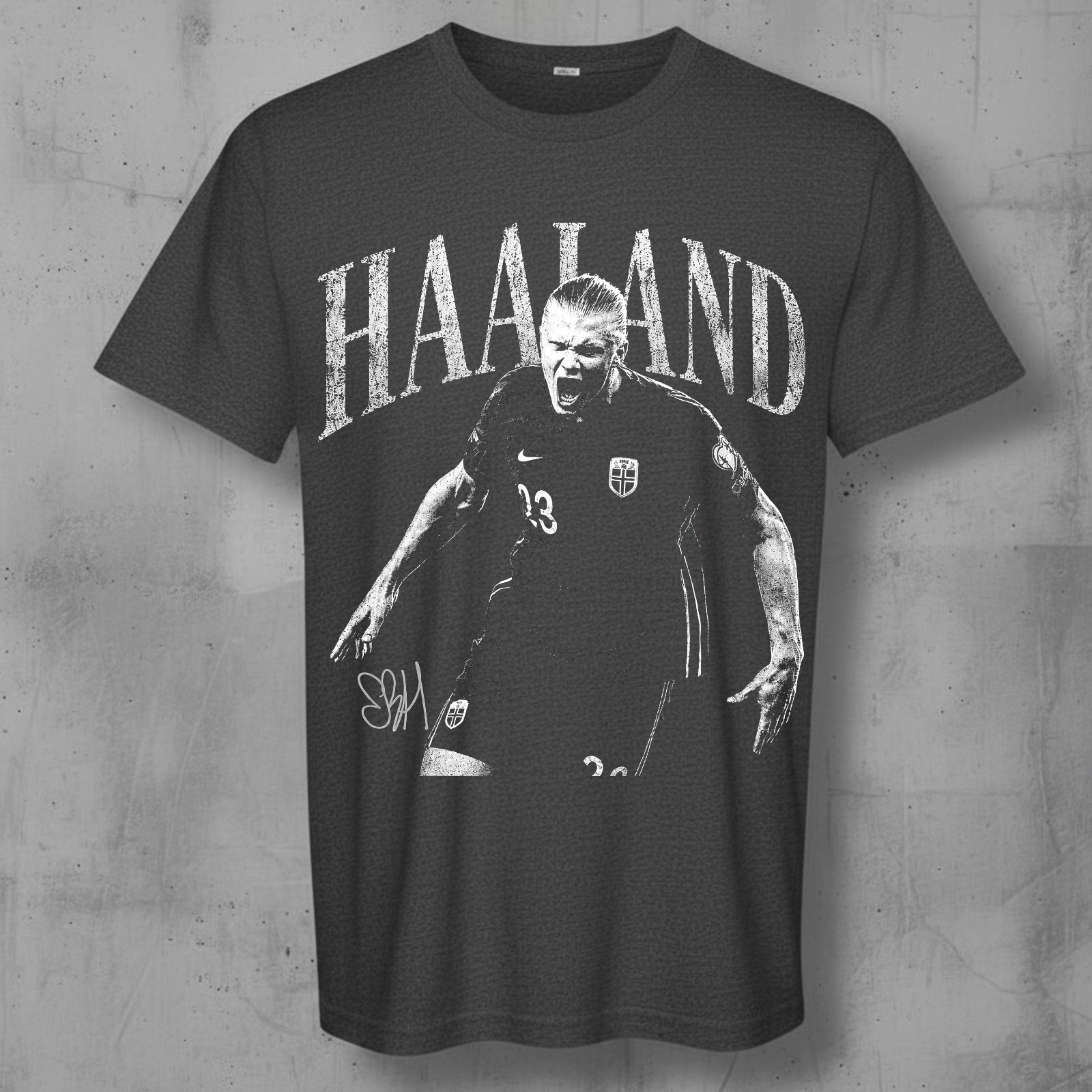 A dark gray graphic t-shirt featuring a black and white print of footballer Sven Haaland with the name 'HAALAND' printed above him, displayed against a textured gray concrete wall.