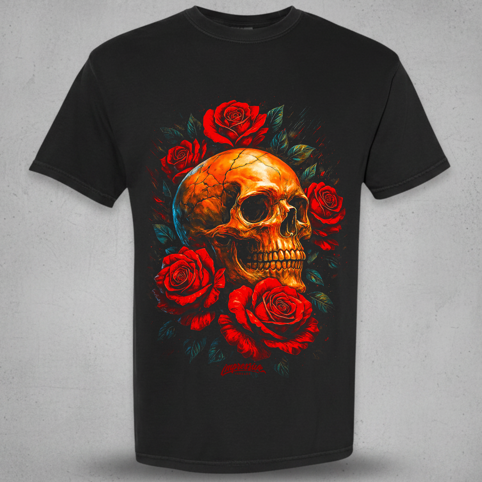 Black t-shirt with a skull design surrounded by red roses 