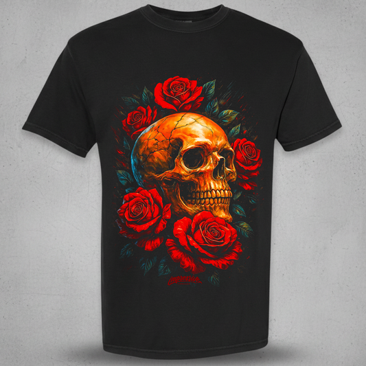 Black t-shirt with a skull design surrounded by red roses 