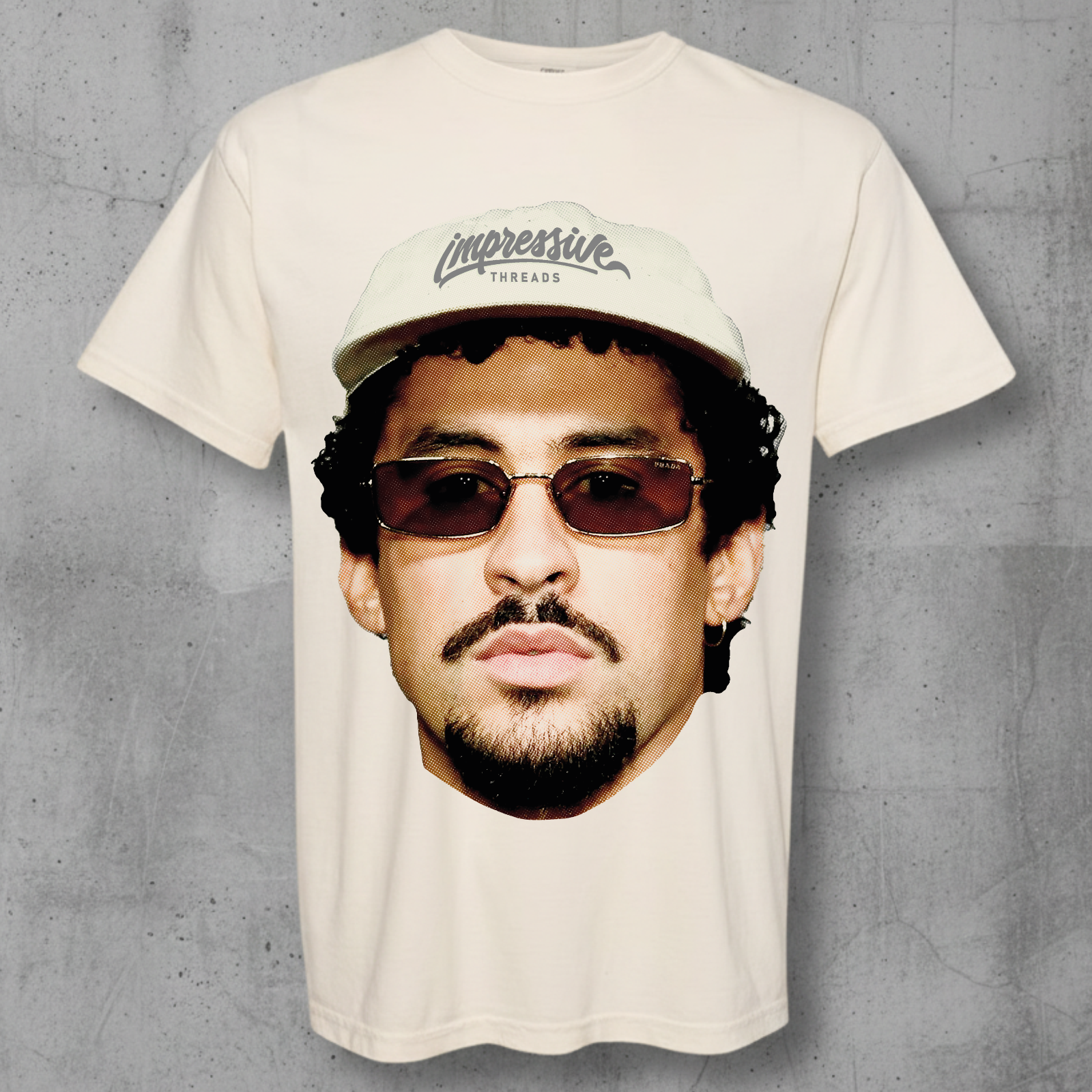 Bad bunny head on a cream t-shirt from Impressive Threads