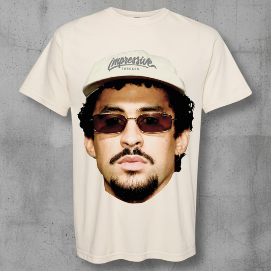 Bad bunny head on a cream t-shirt from Impressive Threads