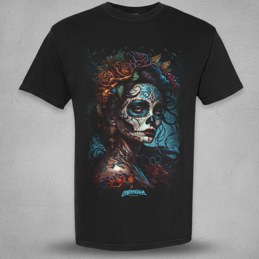 black t-shirt with dia de los muertos catrina design 