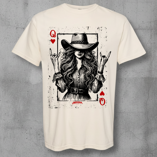 ivory colored t-shirt with a latina cowgirl  queen of hearts playing card 