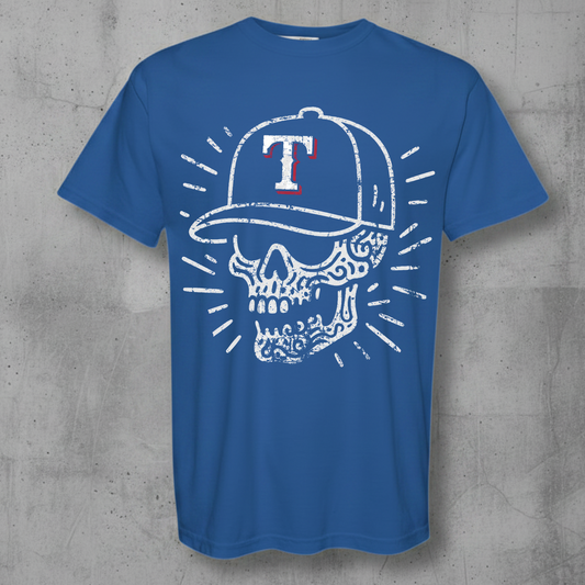 Skull design with a texas rangers hat on a royal blue shirt 