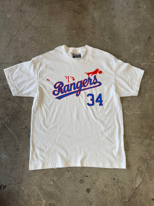 White t-shirt with 'Rangers' and number '34' with nolan ryan's blood 
