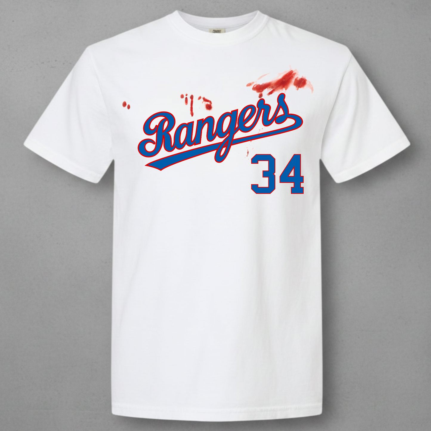 Nolan Ryan's Bloody lip T-shirt with actual blood on the shirt and Rangers logo with number 34 