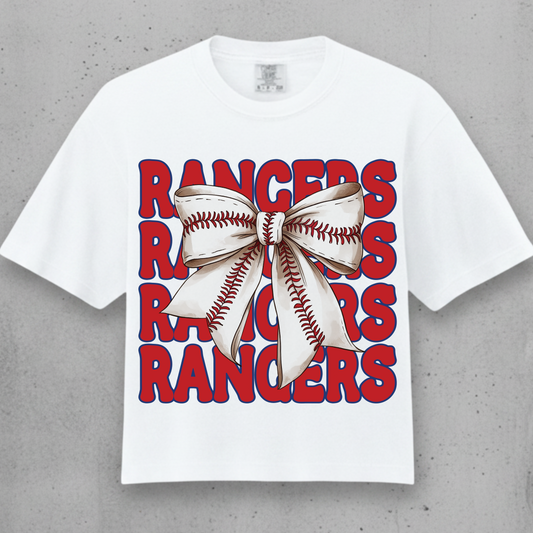 Texas Rangers Crop Top with baseball bow design and rangers in red lettering 