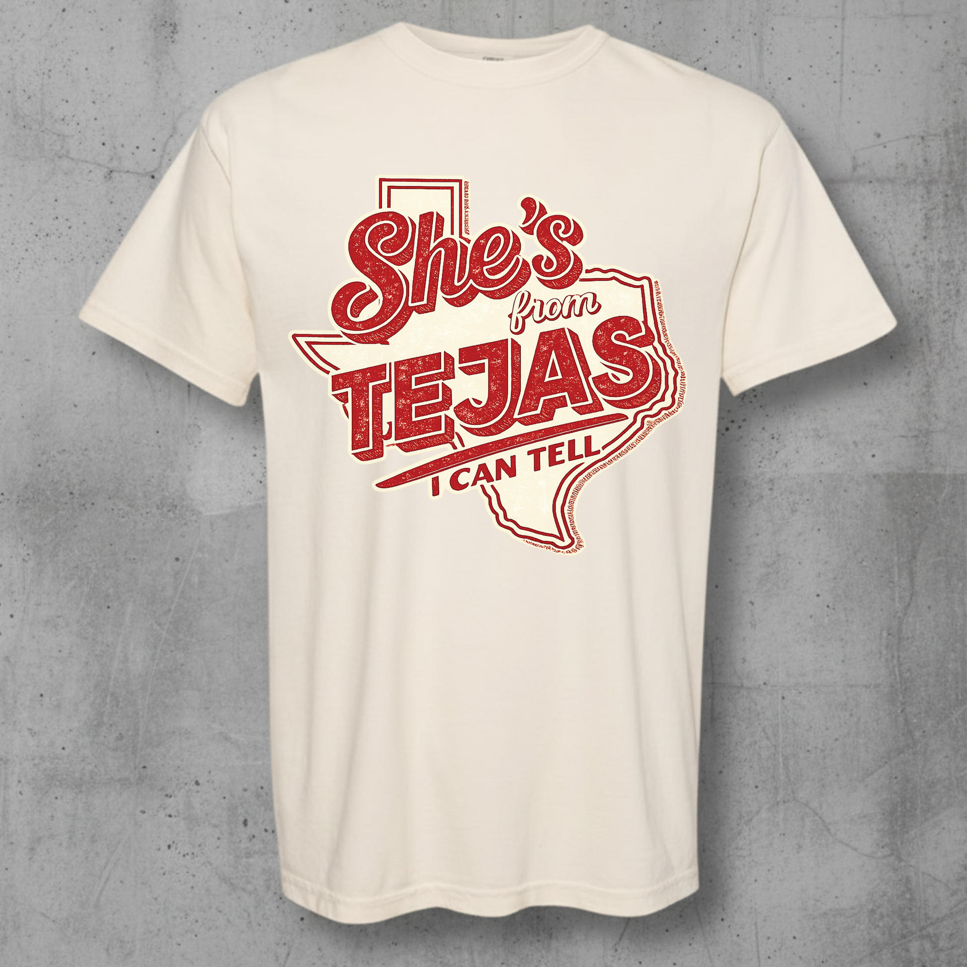 ivory comfort colros shirt with the She's from tejas I can tell desing