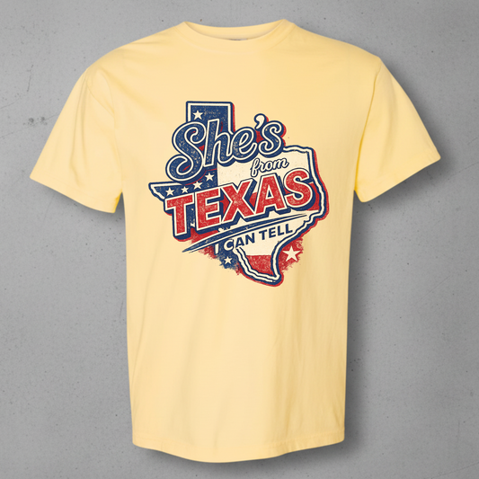 Butter Comfort Colors shirt with the red white and blue she's from Texas design 