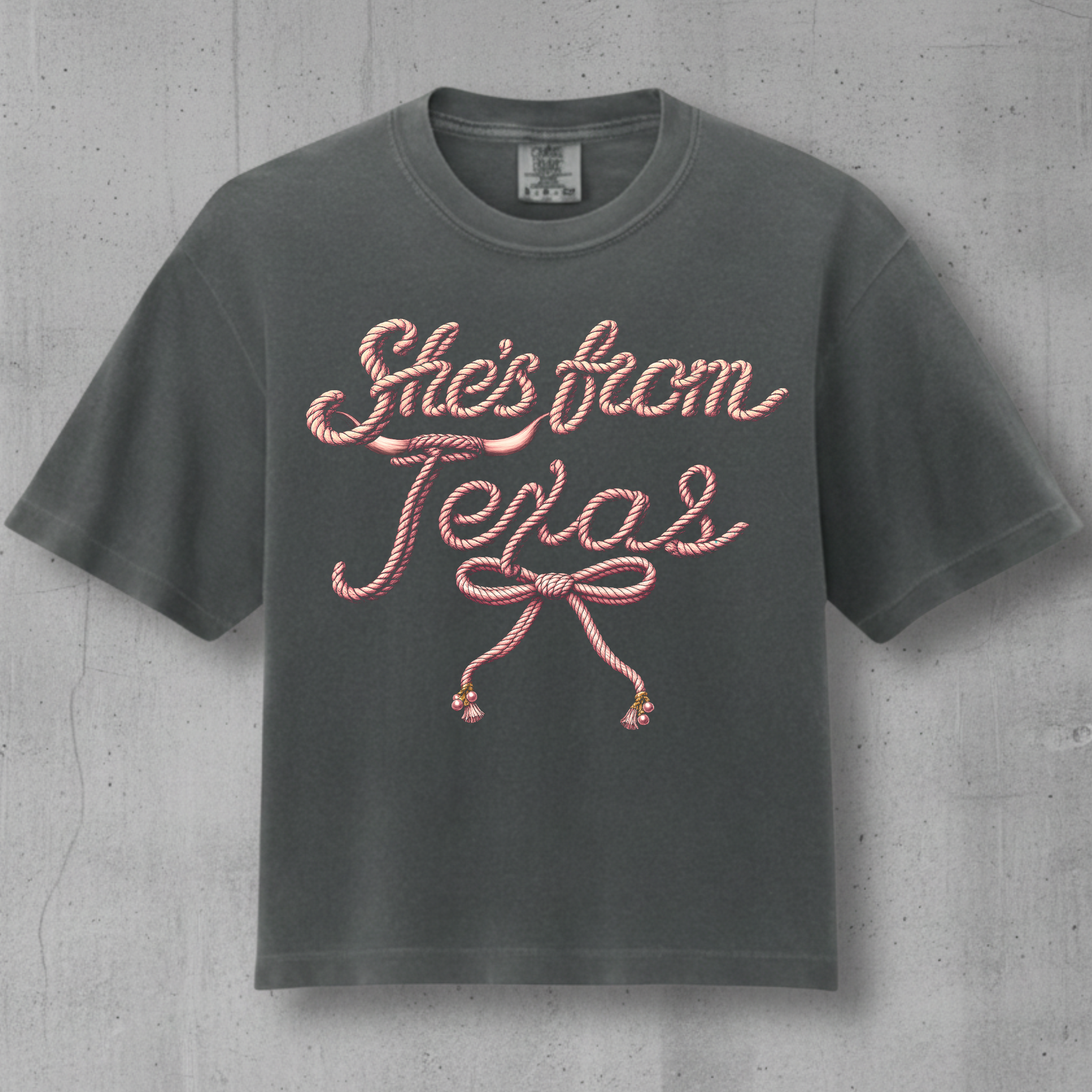 Comfort Colors Pepper shirt with a Shes from texas rope design 