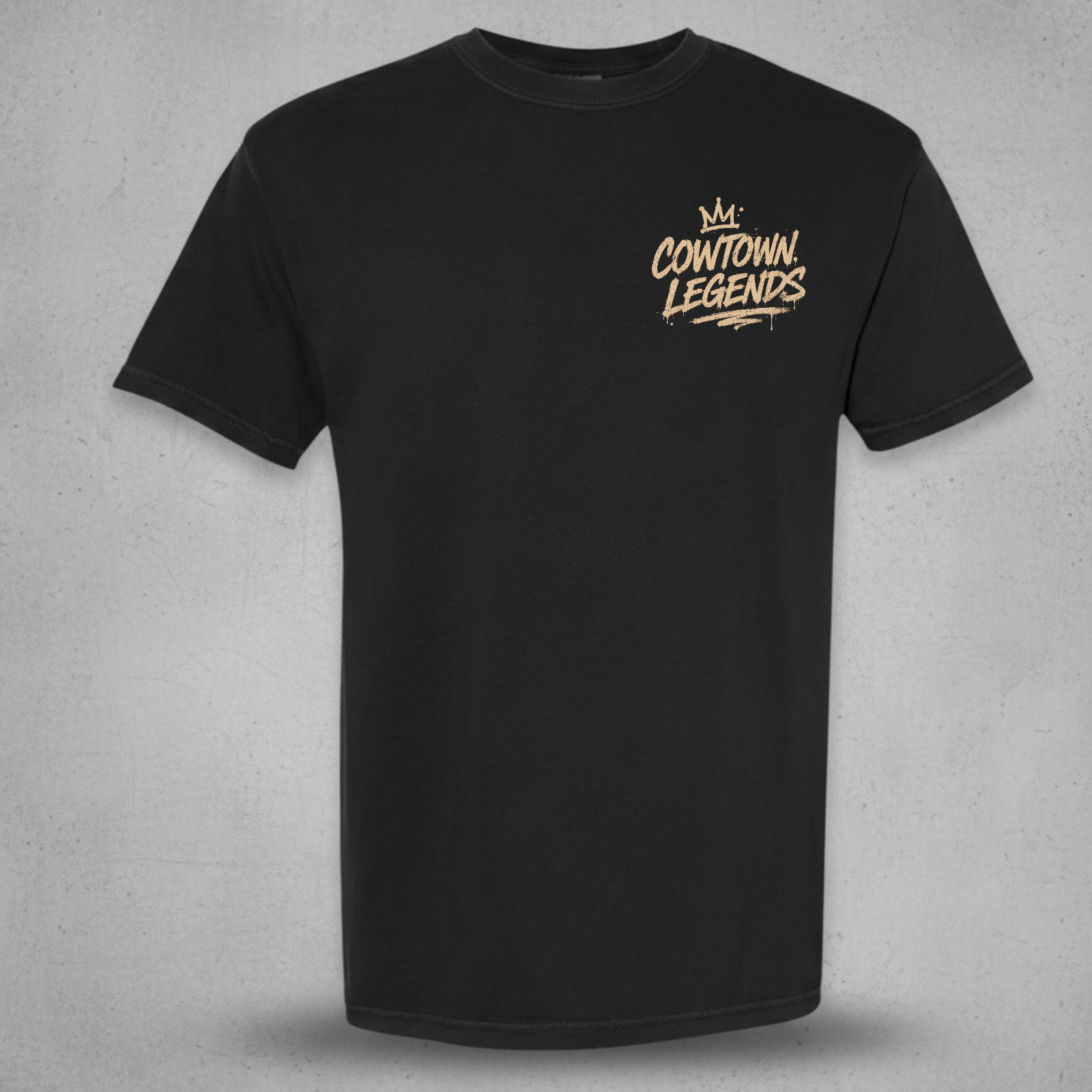A black short-sleeve crewneck t-shirt with a gold 'Contown Legends' graphic printed on the left chest, displayed against a textured gray background.