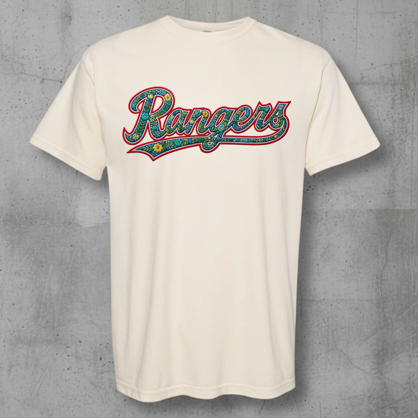 comfort colors t-shirt with a texas rangers floral embroidery design 