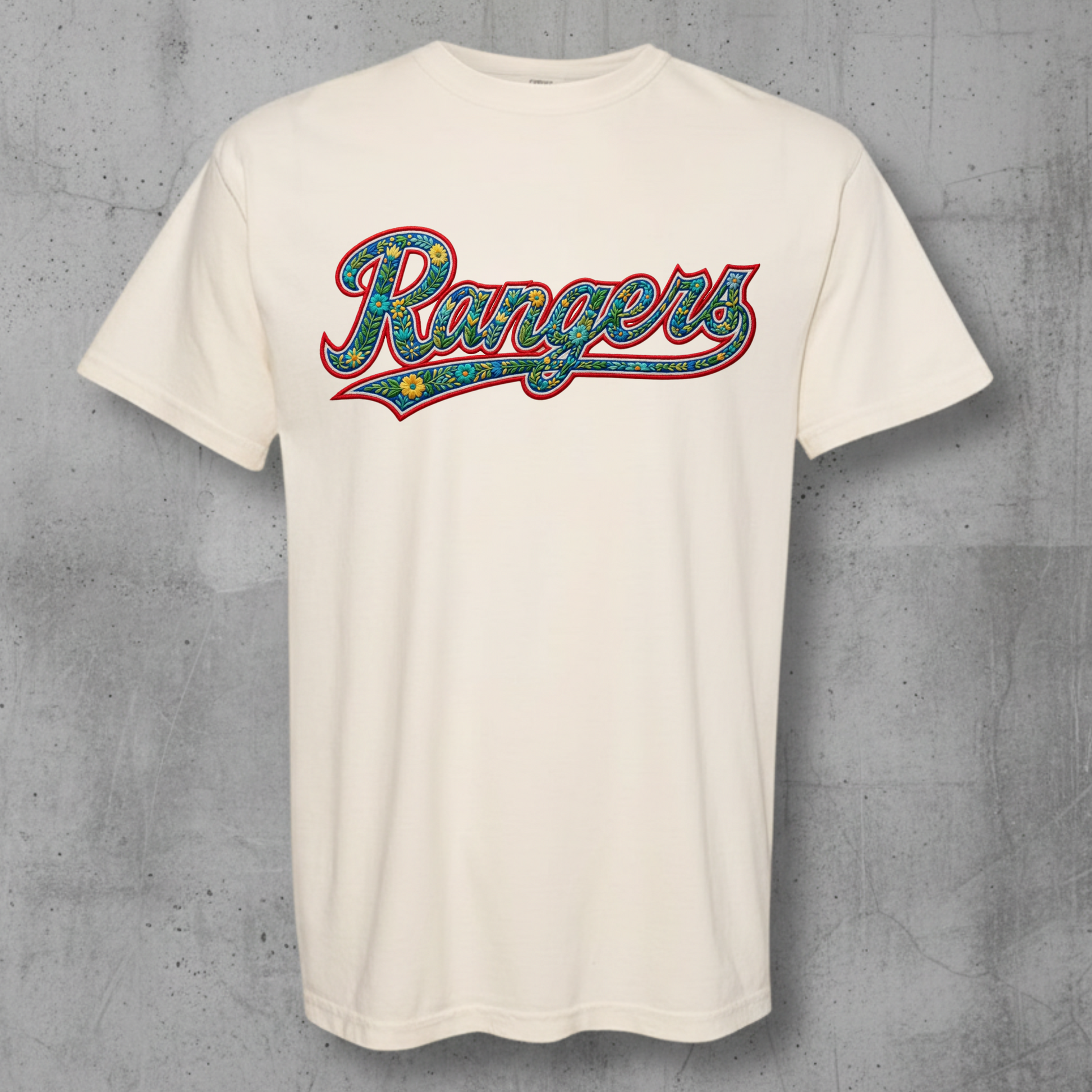 comfort colors t-shirt with a texas rangers floral embroidery design 
