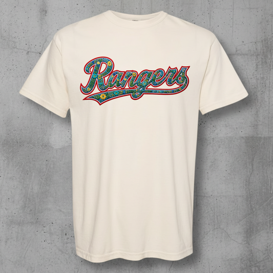 comfort colors t-shirt with a texas rangers floral embroidery design 