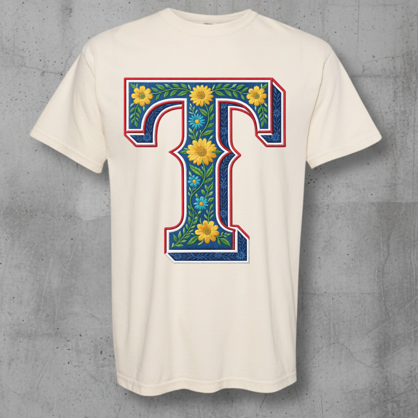 Comfort Colors T-Shirt with a Texas Ranger T in a Red White and Blue floral design using daisys
