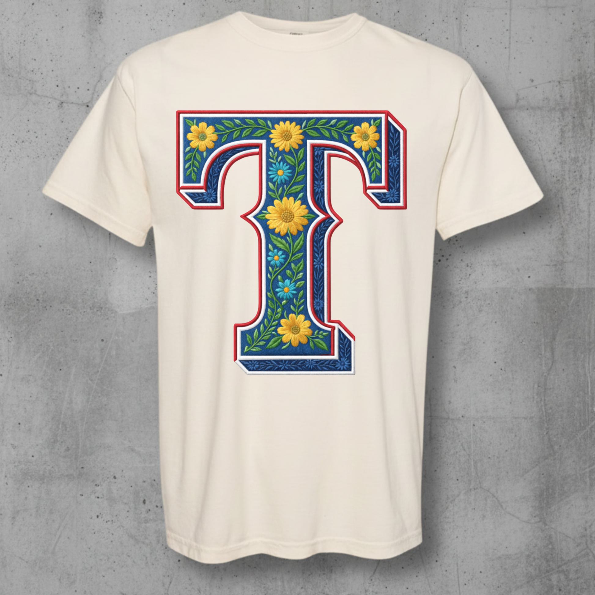 Comfort Colors T-Shirt with a Texas Ranger T in a Red White and Blue floral design using daisys