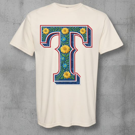 Comfort Colors T-Shirt with a Texas Ranger T in a Red White and Blue floral design using daisys