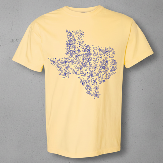 comfort colors t-shirt with a Texas bluebonnet design