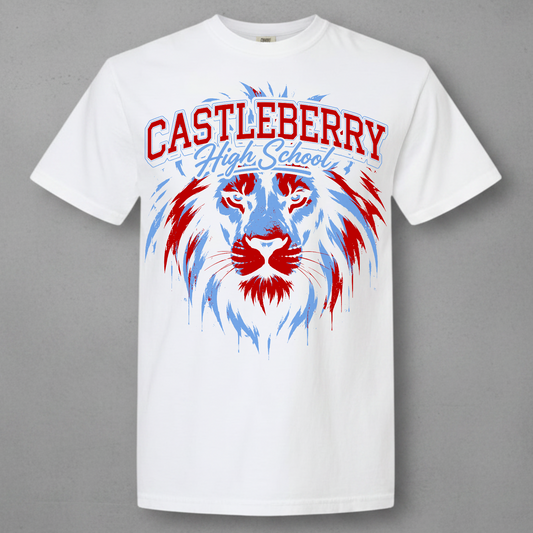 White t-shirt with Castleberry high school design 
