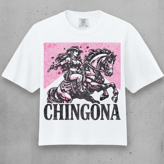 white crop top shirt with Chingona design