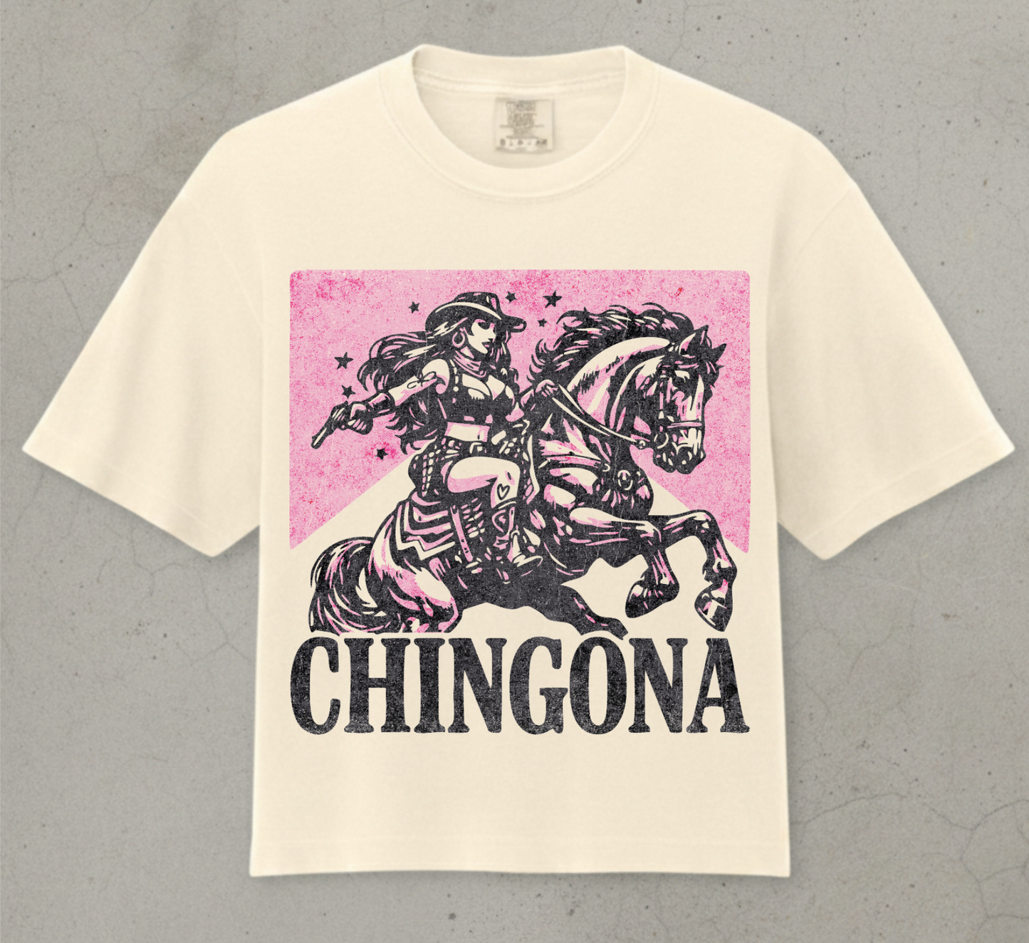 ivroy crop top with latina on horse and the words chingona