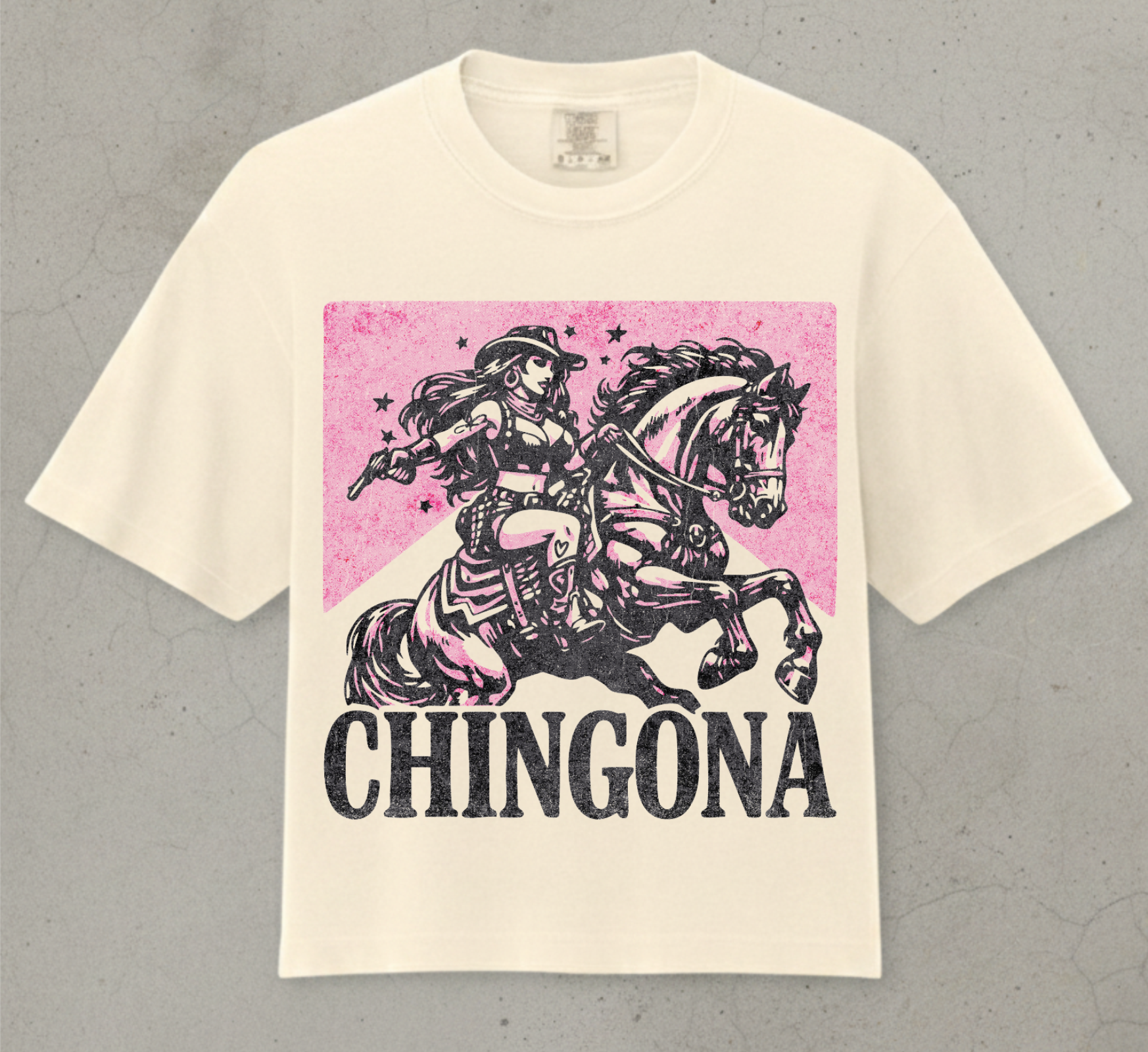 ivroy crop top with latina on horse and the words chingona