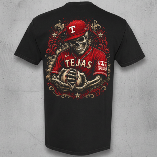 black t-shirt with El Tejas Rangers Skull design by Impressive Threads 