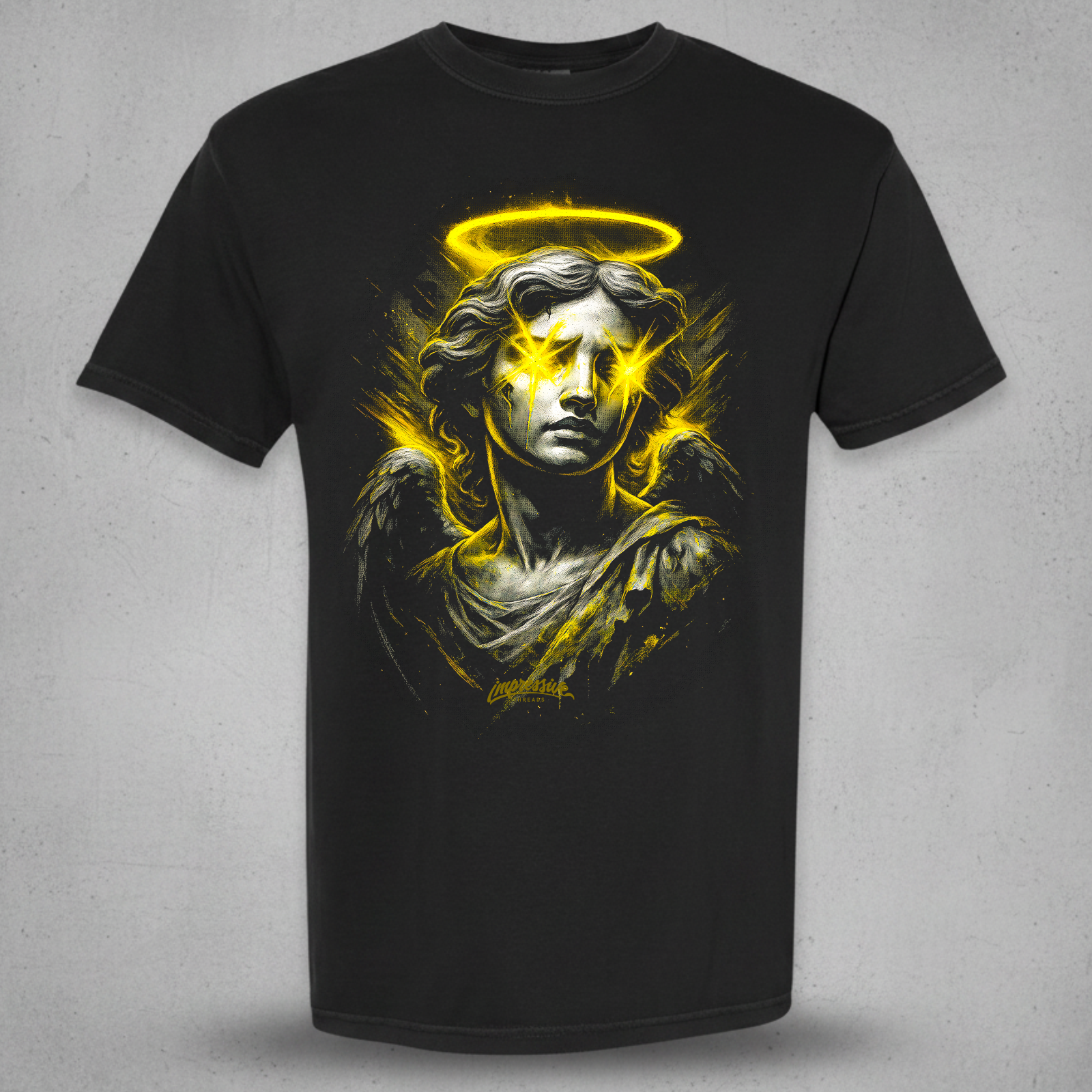 Angel with yellow halo on a black t-shirt from Impressive Threads 