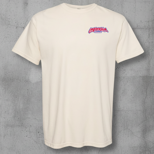 ivory  t-shirt with impressive threads on a gray concrete background
