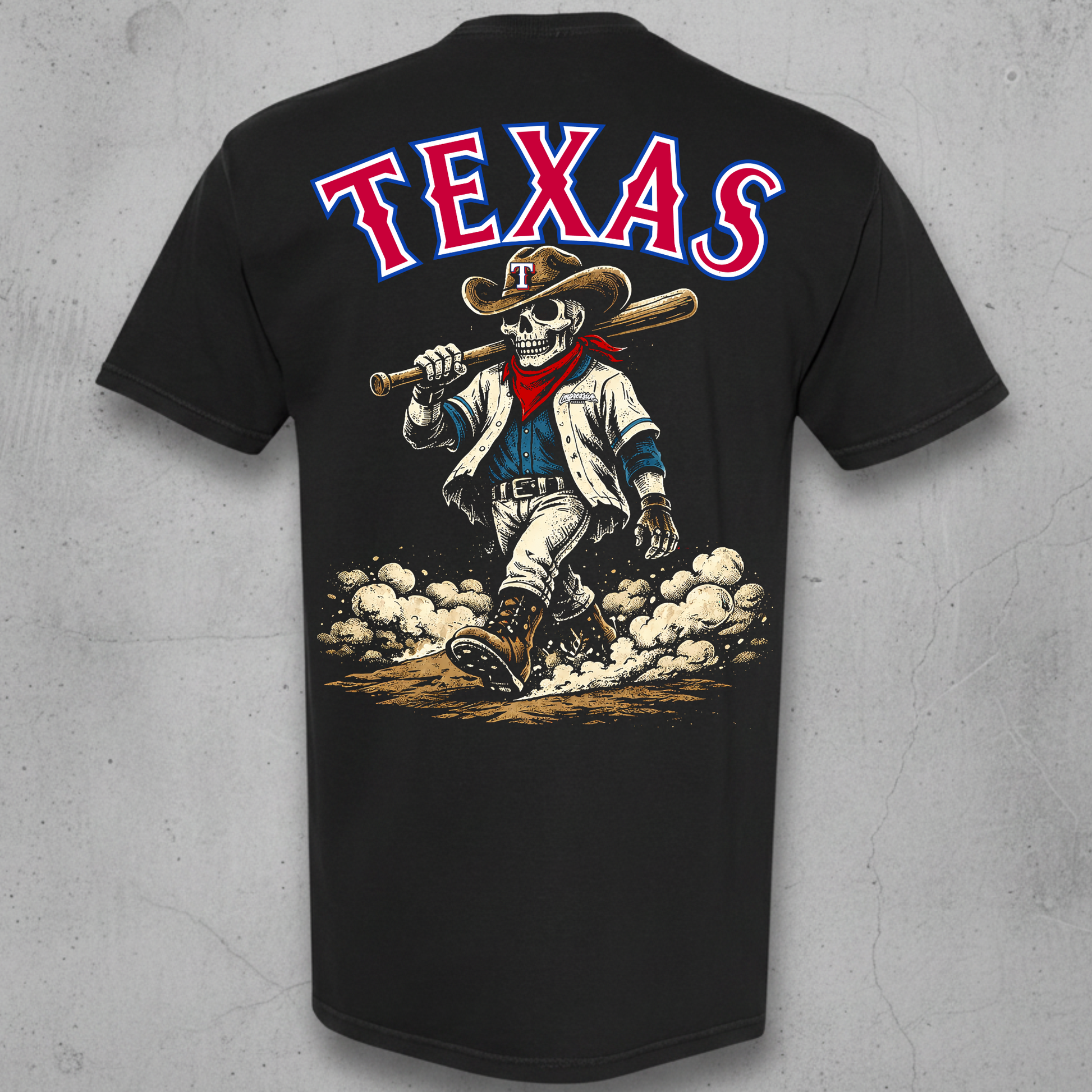 Black T-shirt with the Skull Texas Ranger design by Impressive Threads