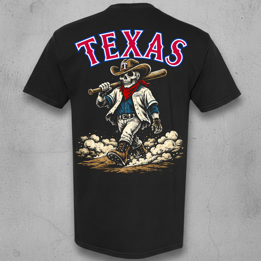Black T-shirt with the Skull Texas Ranger design by Impressive Threads