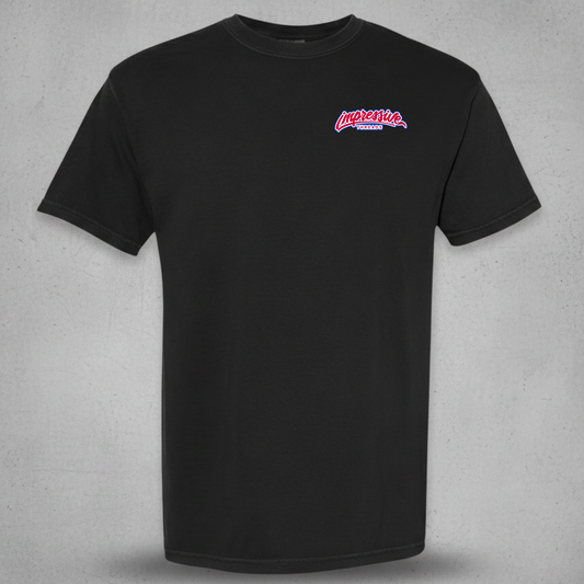 Black t-shirt with impressive Threads on the chest against a gray background